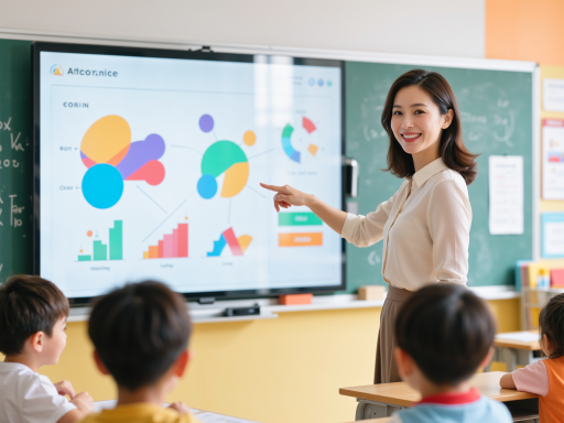 现代教育场景，学生在智能教室中学习，老师使用平板电脑教学，教室配备先进设备，体现未来教育发展方向